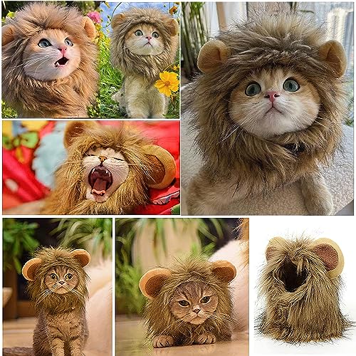 Fantasia de gato peruca de juba de leão ajustável animal de estimação cão gato marrom boné de leão g