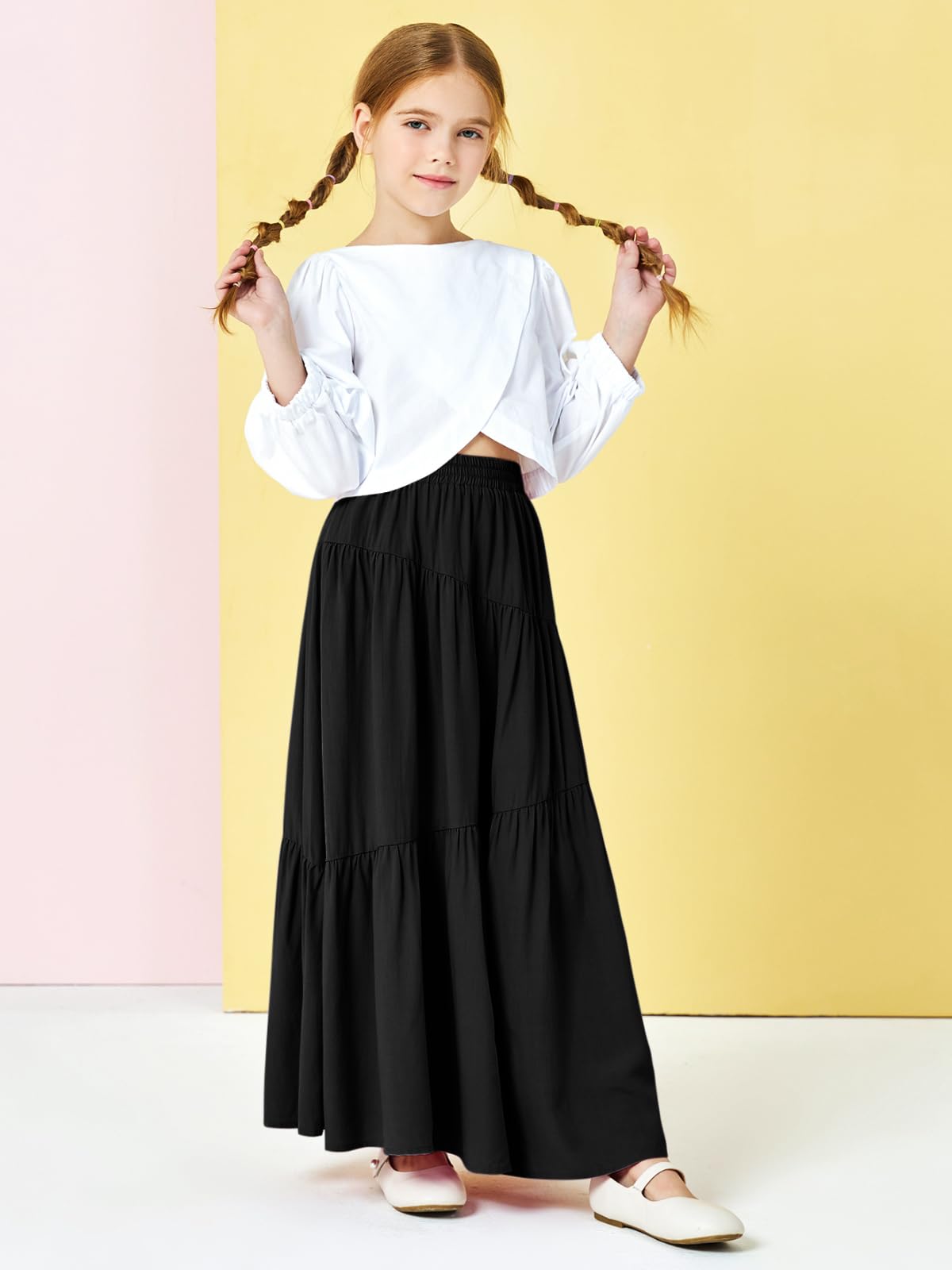Haloumoning Jupe maxi élastique taille haute pour filles de 5 à 14 ans