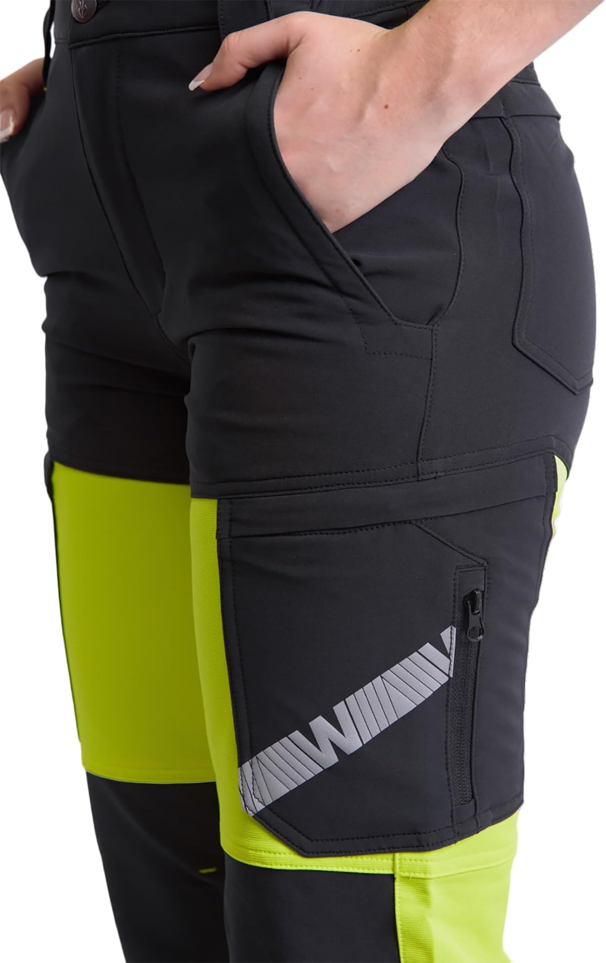 WORKTEAM Pantalón Elástico Alta Visibilidad con Cintas Reflectantes Segmentadas, Slim Fit, Multibolsillos con Cremallera, Refuerzo en Rodillas, Unisex