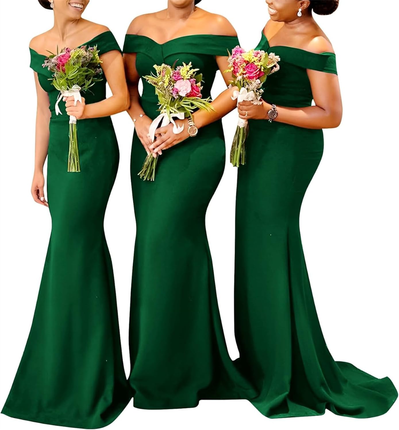 Kurface Women's Emerald Green Satin Bridesmaid Dresses For Floor Length Elegant Off Shoulder Mermaid Prom Party Dress Uk6