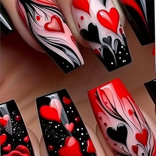 24Pcs Valentine's Day Press-On Square False Nails With Heart & Rose Design - Medium Ballet Fake Full Cover Glossy Glue-On Acrylic Black Stick-On Nails for Women Nail Decoration