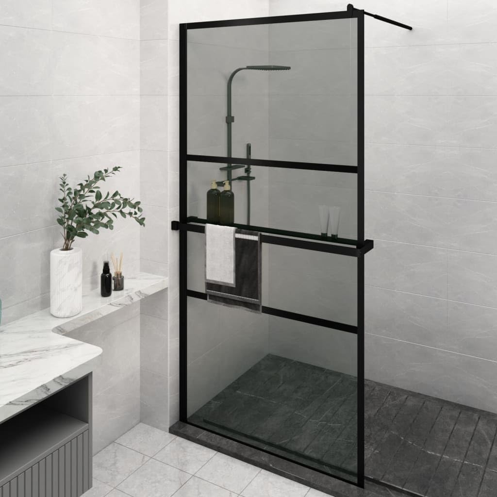 Mampara Ducha con Estante Vidrio ESG y Aluminio Negro 115x195cm, Mampara Bañera, Mampara Baño Ducha, Cabina De Ducha, Mampara Baño - SPU:3185485