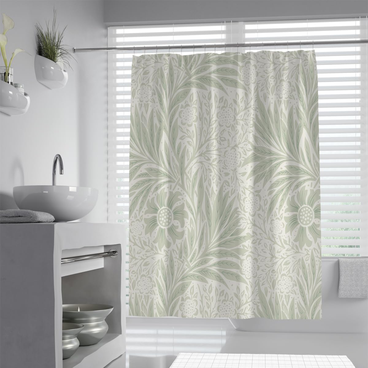 OLLIAR Home Vintage Floral Shower Curtain with Hooks 240x180 Sage Green Botanical Print Waterproof Fabric Bath Curtain for Cottagecore & Farmhouse Bathroom Decor