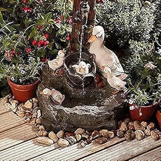 Nsfuetre Water Features for the Garden,Animal Garden Statue with Solar Led Lights,Garden & Yard Squirrel Duck Waterfall Fountain,Solar Power Willapa Resin Duck Family Patio Fountain Garden Decoration