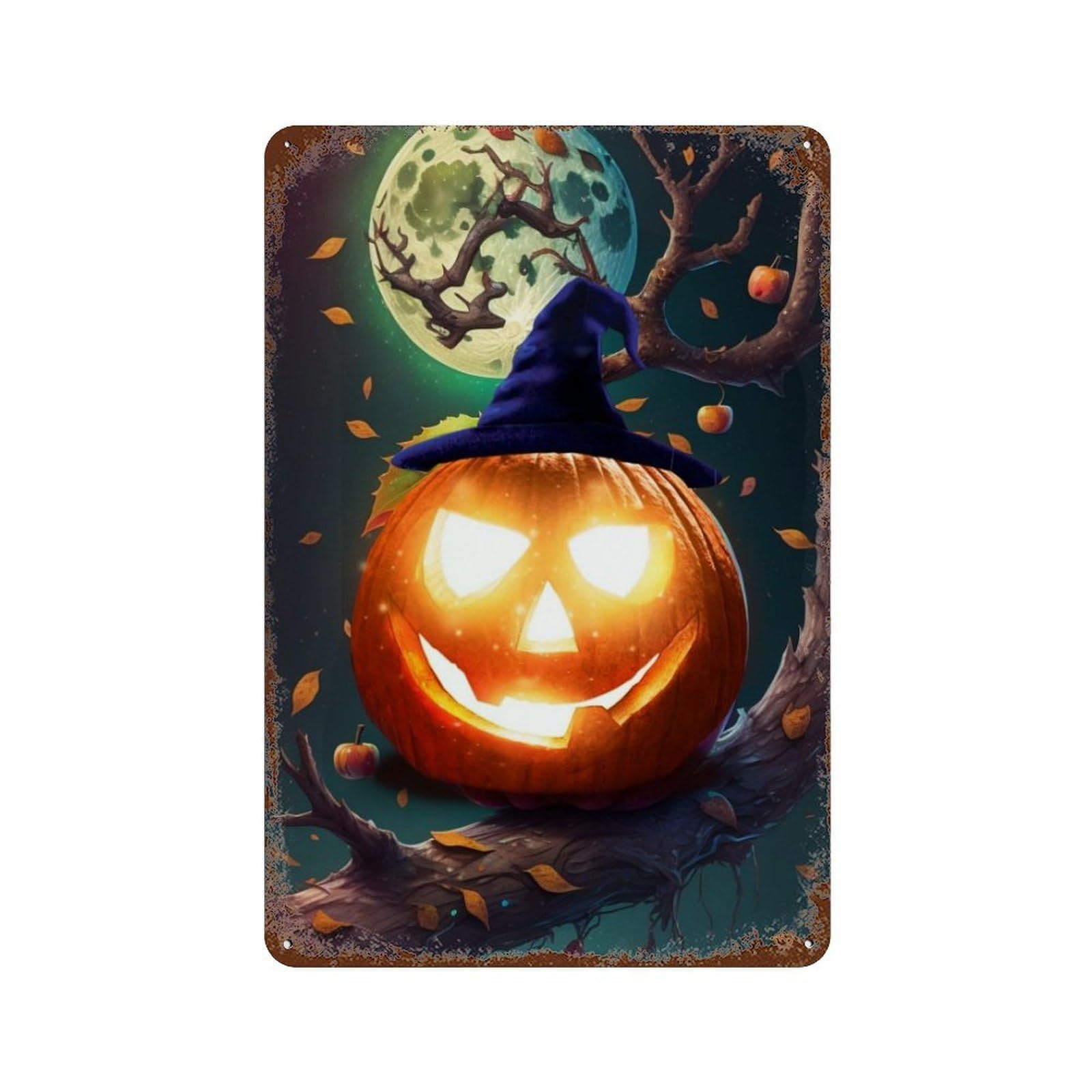 Halloween Pumpkin with Witch Hat Distressed Metal Wall Sign 11.8"x7.9", for Garage, Bar And Workshop Decor, Decorative Metal Wall Art