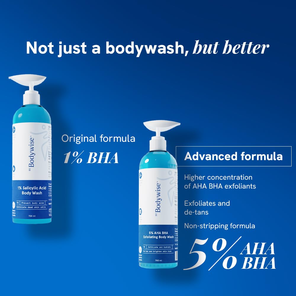 Be Bodywise 5% AHA BHA Exfoliating Detan Body Wash 700ml | For Body Acne, Strawberry Skin, De-Tan | Infused with 3% Lactic Acid, 1% Salicylic Acid, 1% Glycolic Acid | Non-Drying, Paraben Free 2