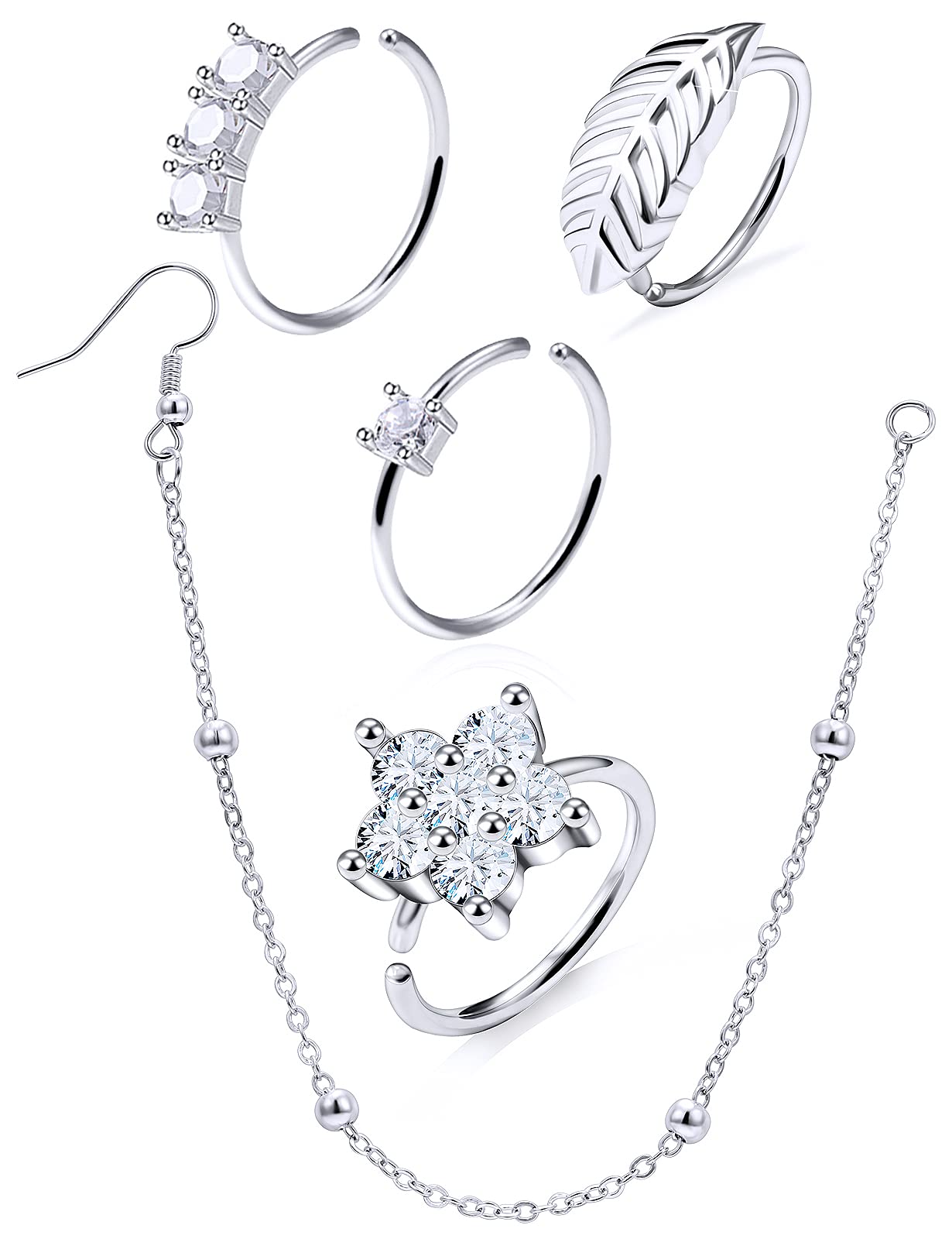 Nose Rings Hoop Chain Septum Ring CZ Diamonds Surgical Stainless Steel Nose to Ear Ring Body Jewelry, Rose Gold and Silver Tone