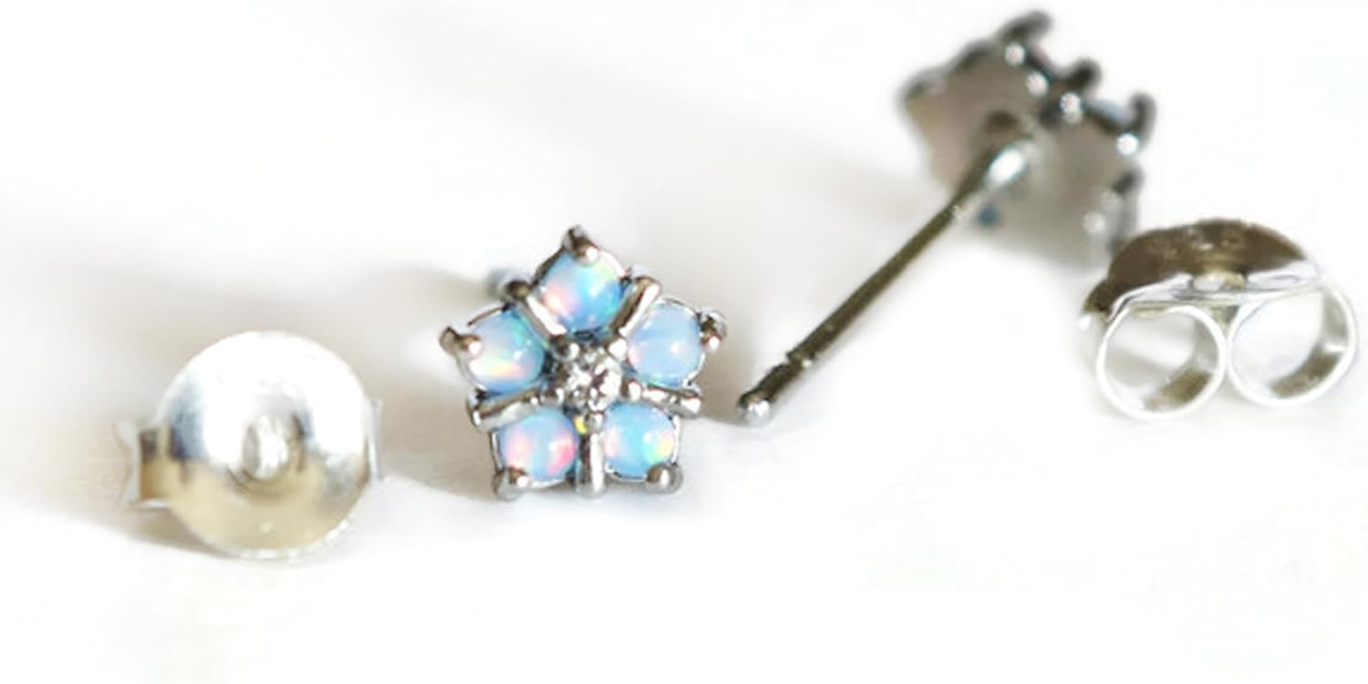Sterling Silver TINY Blue Opal Flower Star Stud Earrings Nickel Free Lead Free Hypoallergenic Handcrafted In USA