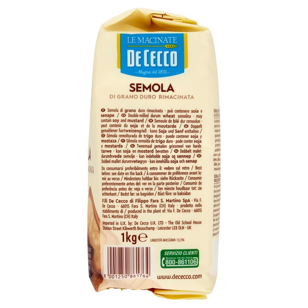 De Cecco Hartweizengrieß Mehl - Semola di grano duro rimacinata, Grieß durum 16 x 1kg + Beni Culinari Kostenloser Schlüsselanhänger