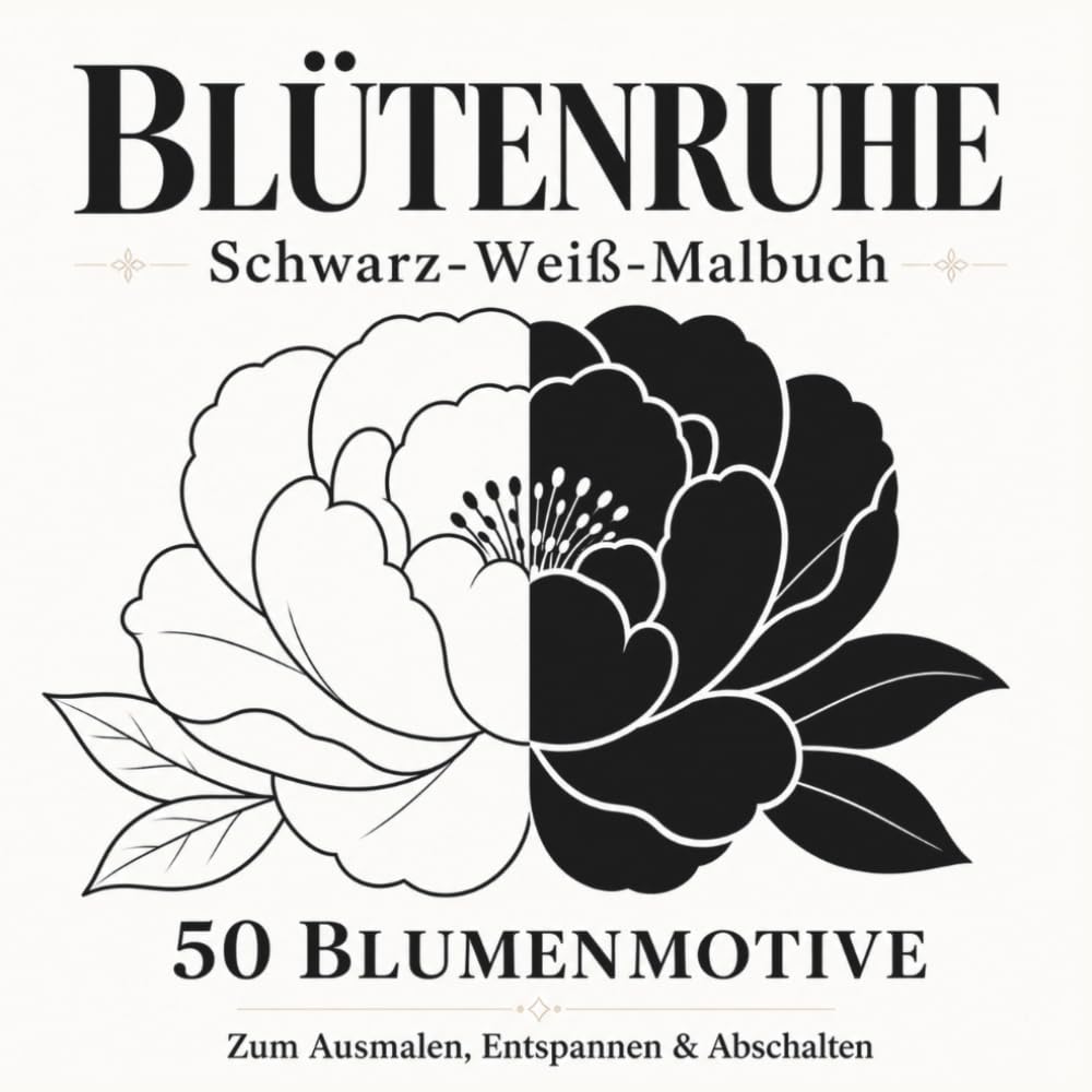 Blütenruhe: Schwarz-Weiß-Malbuch für Erwachsene mit 50 Blumenmotiven