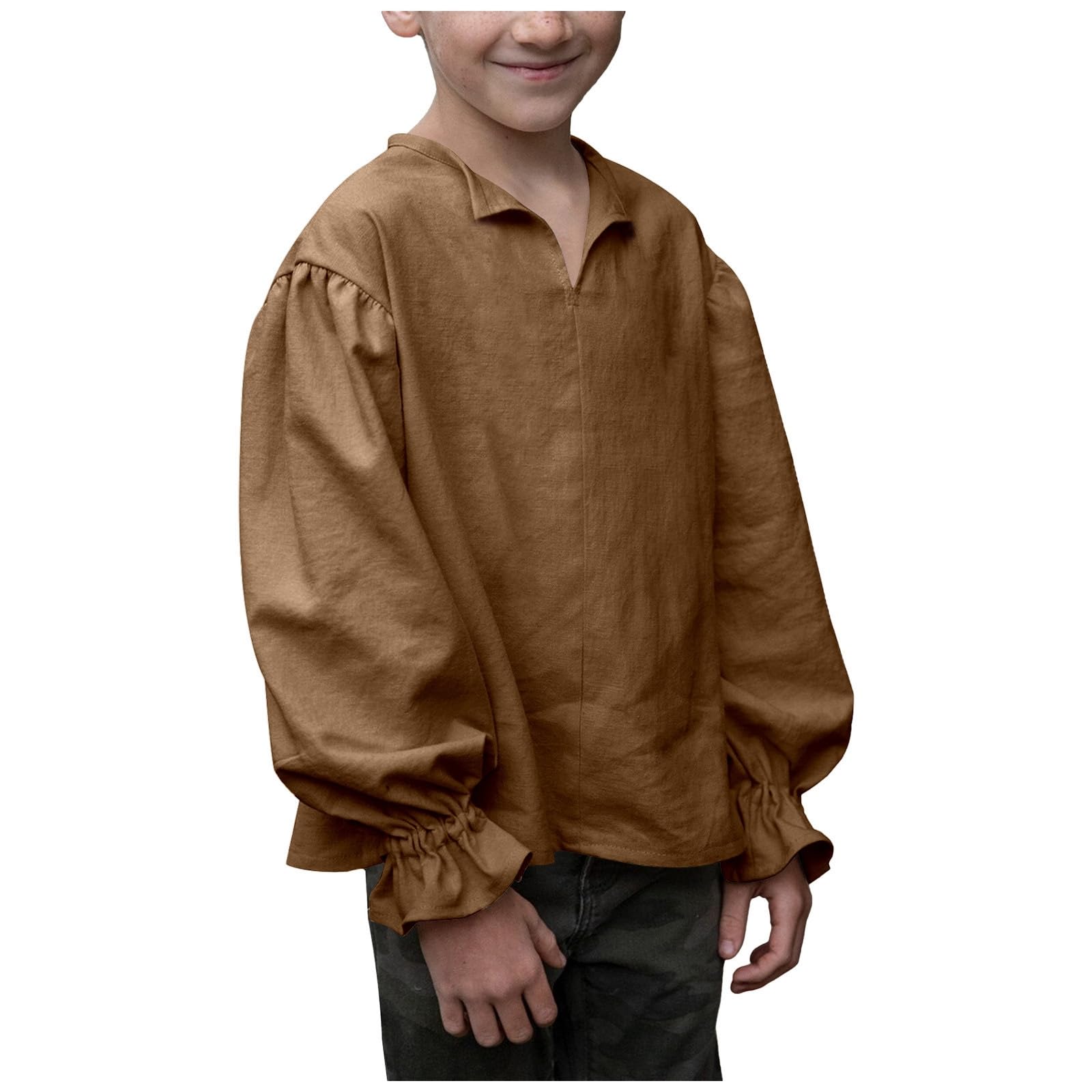 Kids Pirat Shirt Ruffled Long Sleeves Blouse Shirts Medieval Dress Shirts for Boys Vintage Victoriat Costume Shirt Tops Medieval Renaissant Ruffle Pirat Costume (01-Brown, 6-7 Years)