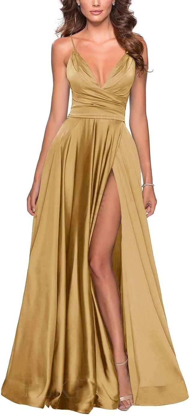 Women's Long Bridesmaid Dresses Satin with Slit V Neck Spaghetti Strap Pleated Prom Formal Evening Gowns