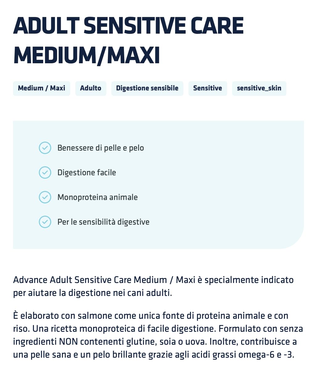 ADVANCE Cane ADULT SENSITIVE CARE MEDIUM/MAXI 12kg gusto Salmone | alimento secco completo per cani adulti, per aiutare la digestione, 1 confezione da 12kg.