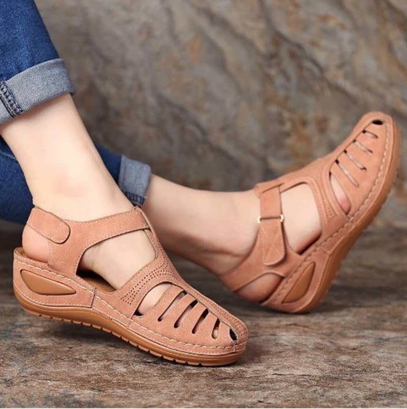 Sandalias ortopédicas retro en cuero legítimo de alta calidad con puntera cerrada para mujer 7