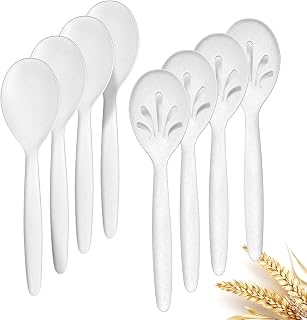RayPard 8-Pack 10" Reusable Wheat Straw Serving Spoons - 4 Solid & 4 Slotted for Buffets, Parties, Catering (White)
