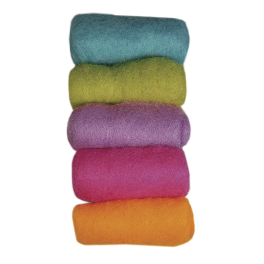 Rayher Set of 5 Natural Wool Tops for Felting, Soft Roving for Weaving and Spinning, summer mix, 10g each, 100% Wool, 53657000