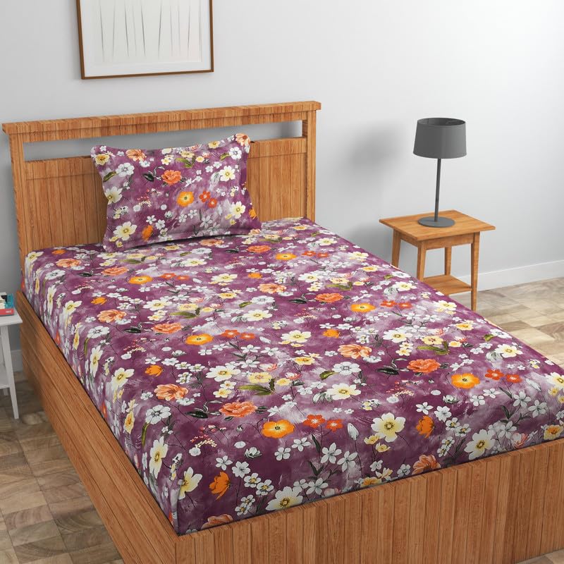 Image of NHD HOME Pure Cotton 180 to 220 tc Flat Single Bedsheets for Summer Breathable | Wrinklefree | Super Soft (Size-60 X 90 Inch) with 1 Pillow Covers (Size-17 X 27 Inches, Floral, Purple)