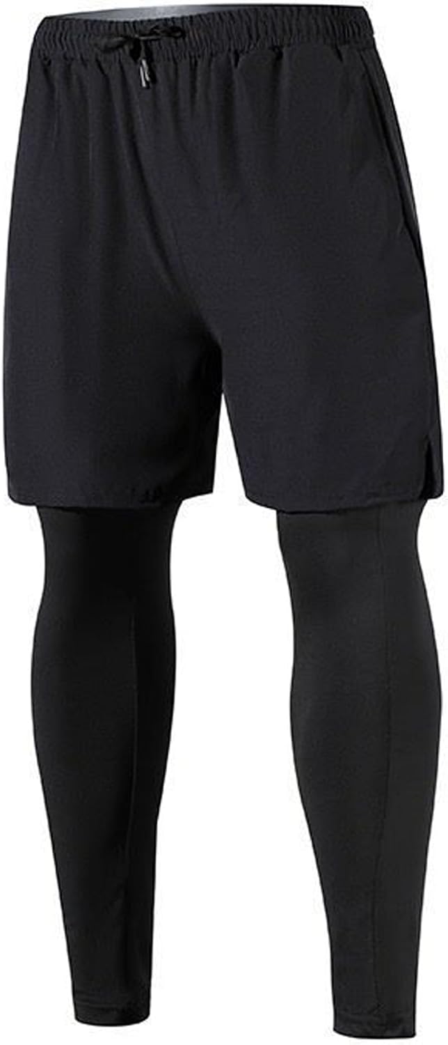 Men's Athletic Training Sweatpants 2 in 1 Sport Leggings with Shorts Sports Running Pants