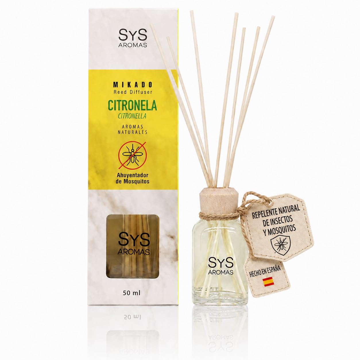 Ambientador Mikado Citronela 50ml SYS Aromas Antimosquitos Natural y Eficaz | Protege tu hogar de mosquitos e insectos con citronela natural, aroma fresco y duración hasta 4 semanas. Fabricado en España
