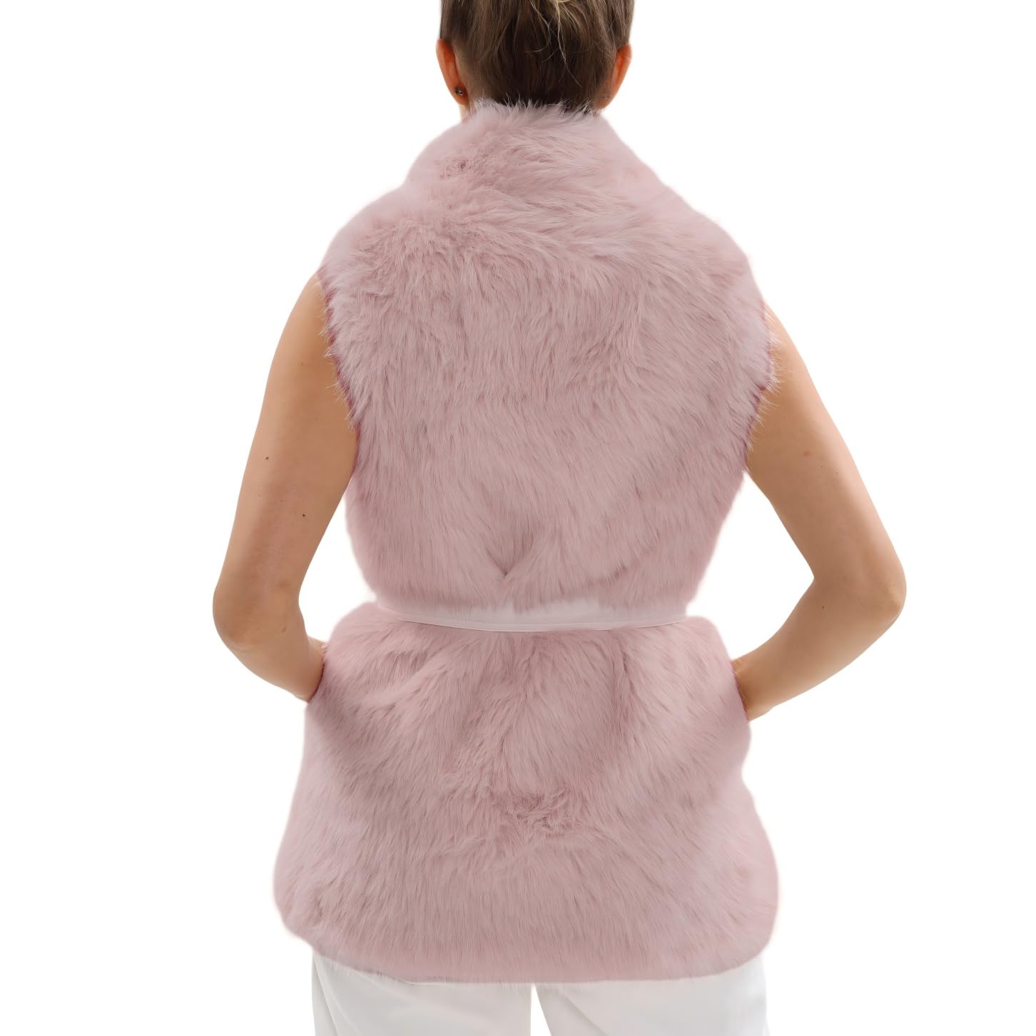 Amazhiyu Gilet di pelliccia da donna, in pelliccia sintetica, lungo gilet da donna, senza maniche, in pelliccia sintetica, gilet invernale, caldo, autunno, inverno, con cinture e tasche
