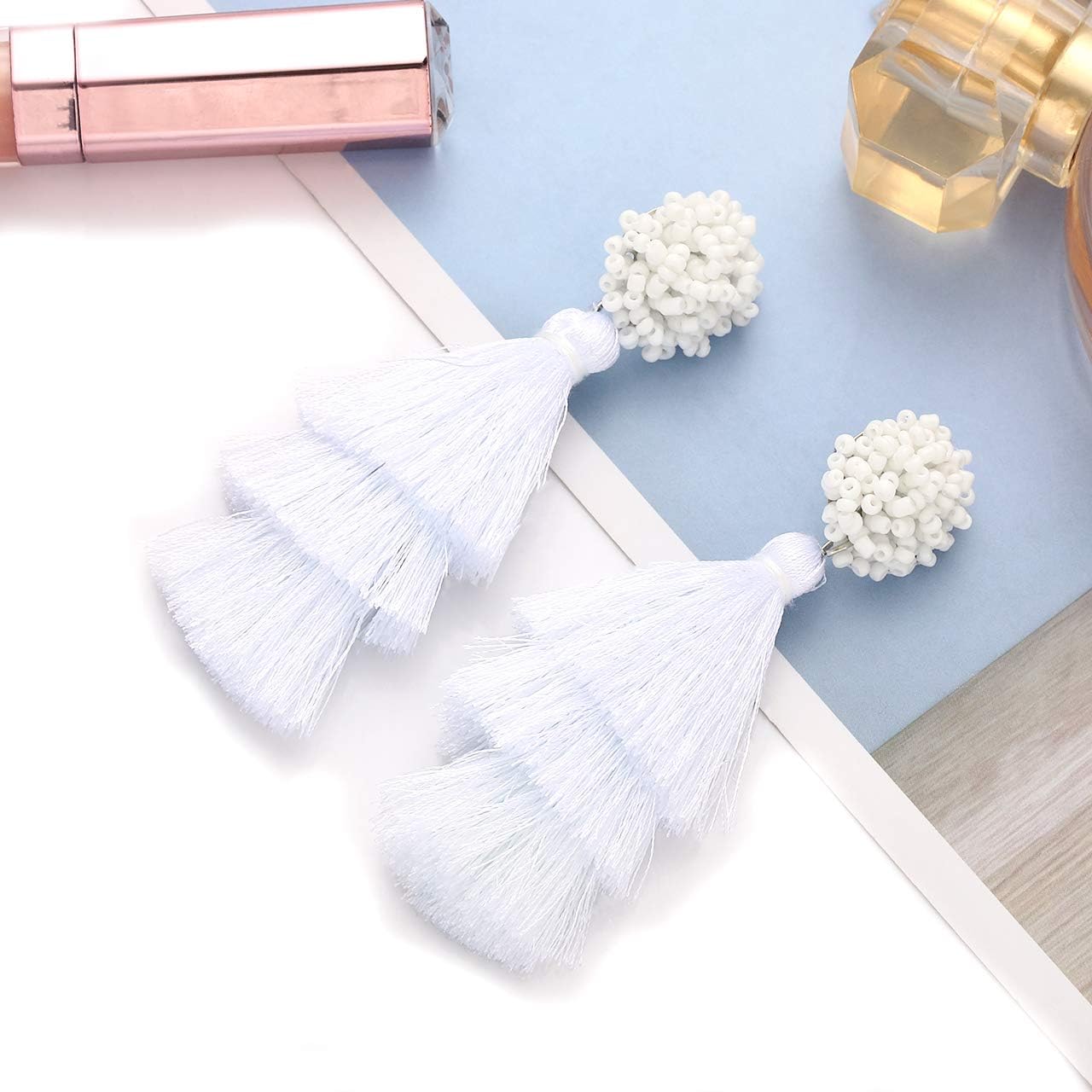Layered Tassel Earring Bohemian Lightweight Colorful Tiered Thread long Fringe Tassel Drop Dangle Beaded Statement Stud Earring Women Gifts image 5