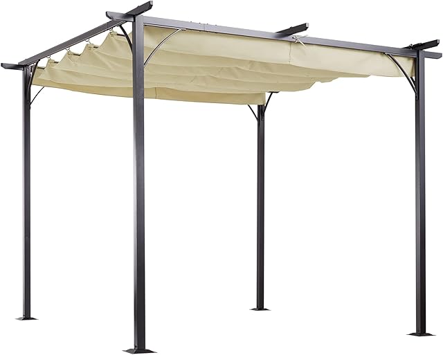 Outsunny 3 x 3(m) Metal Pergola Gazebo Awning Retractable Canopy Outdoor Garden Sun Shade Shelter Marquee Party BBQ Beige