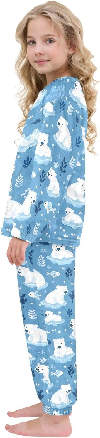 Kids Flannel Sets Cute Arctic Polar Bears Warm Plush Relaxed Clothing for Boys and Girls
