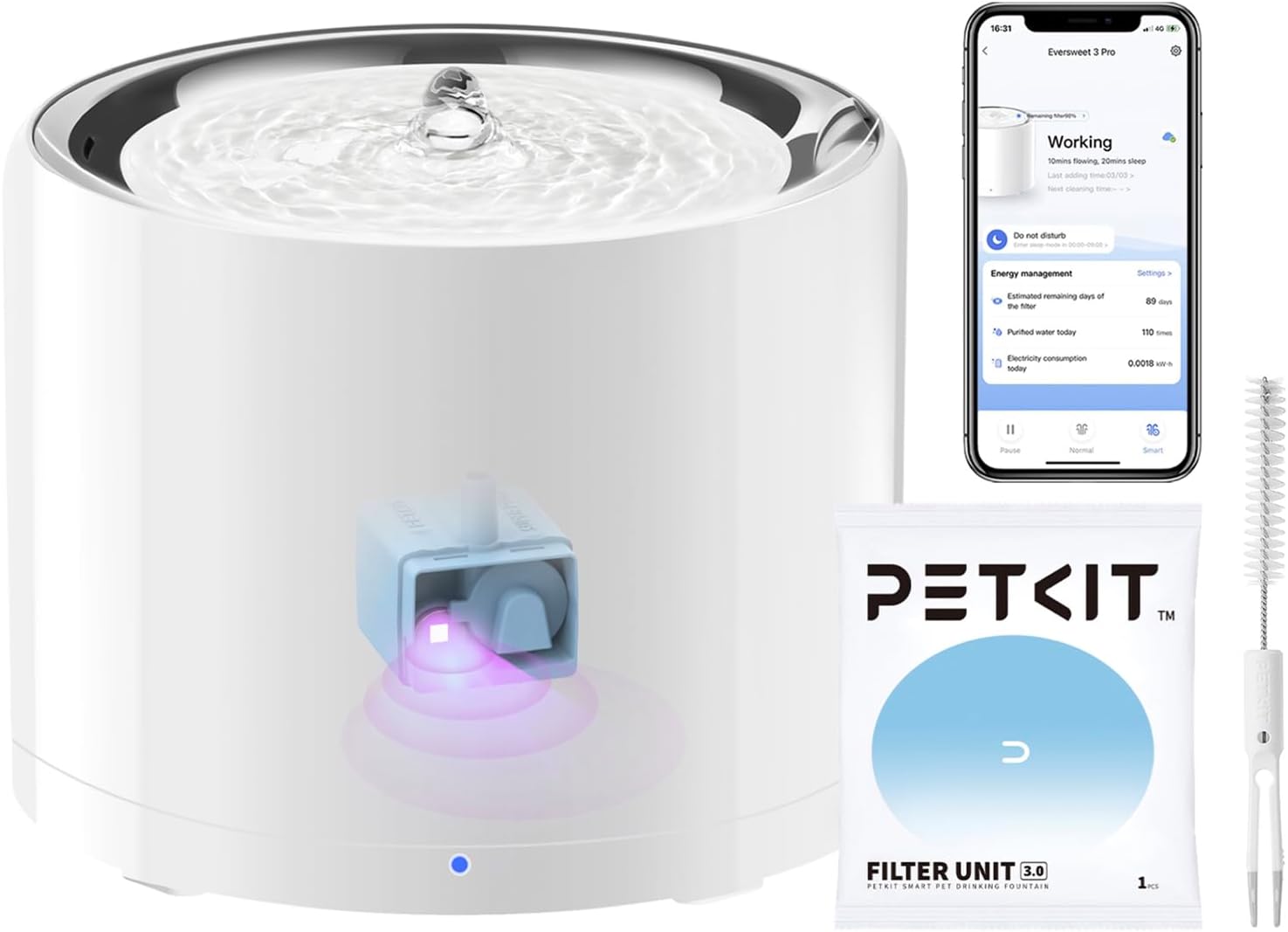 Cat Water Fountain, UVC Wireless Pump, APP Control, 1.8L Cat Fountain Stainless Steel, Ultra Quiet, Hygienic Fresh Water for Cats Dogs, 3 Working Mode, Smart LED Light, Activated Carbon Filter