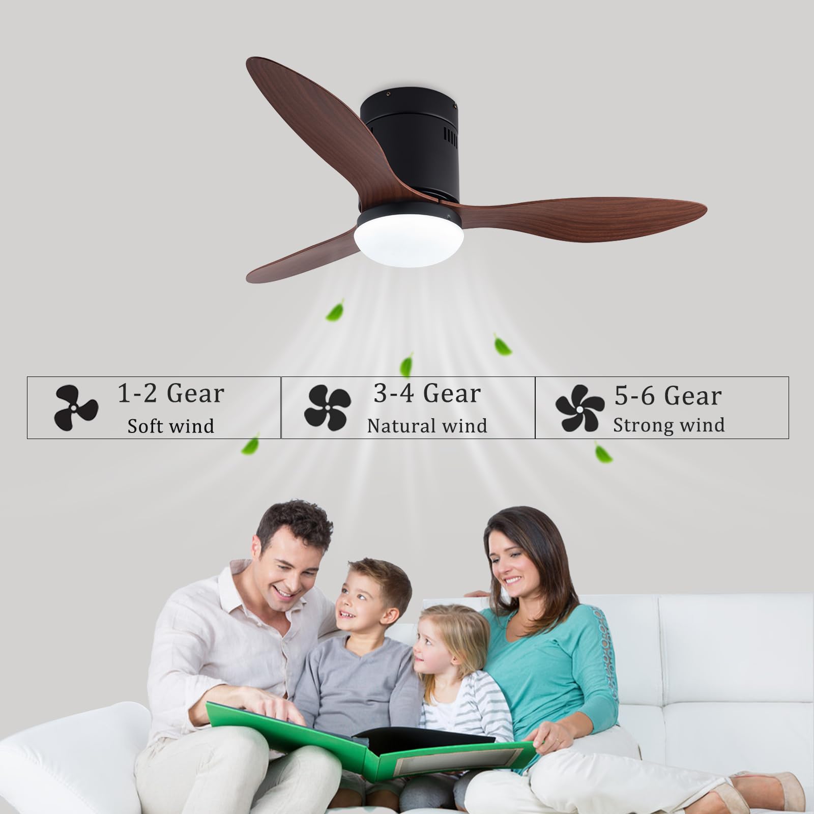 Ventilatore A Soffitto 42 Pollici Con Luci LED E Telecomando - Motore Silenzioso Reversibile, 6 Velocità, Moderno Nero/Rovere