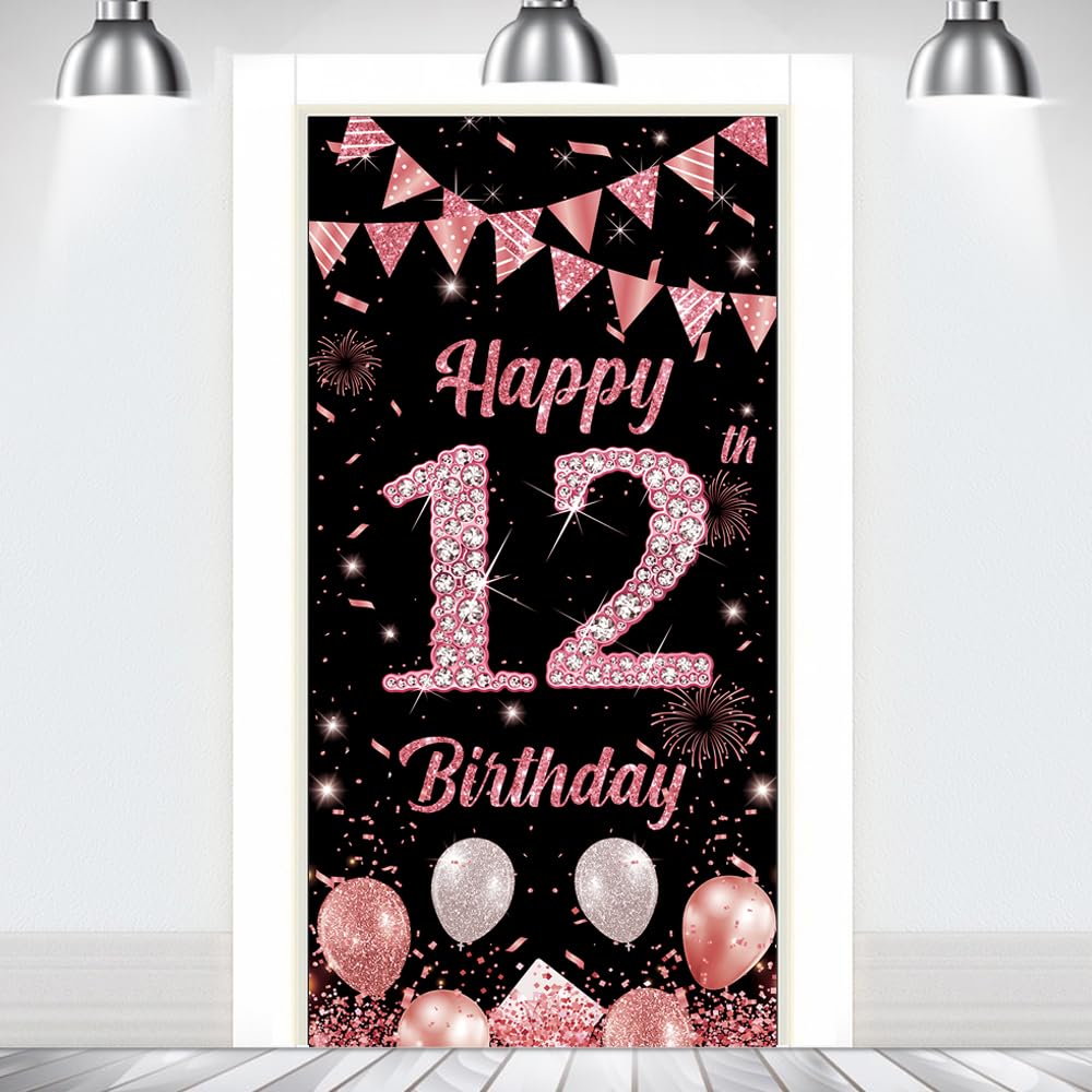 12th Birthday Decorations Door Banner Backdrop for Boys Girls Rose Gold Black Birthday Decorations 12 Years Old Door Banner Background Outdoor Indoor Party Supplies Photo Props Booth Decor180×90cm