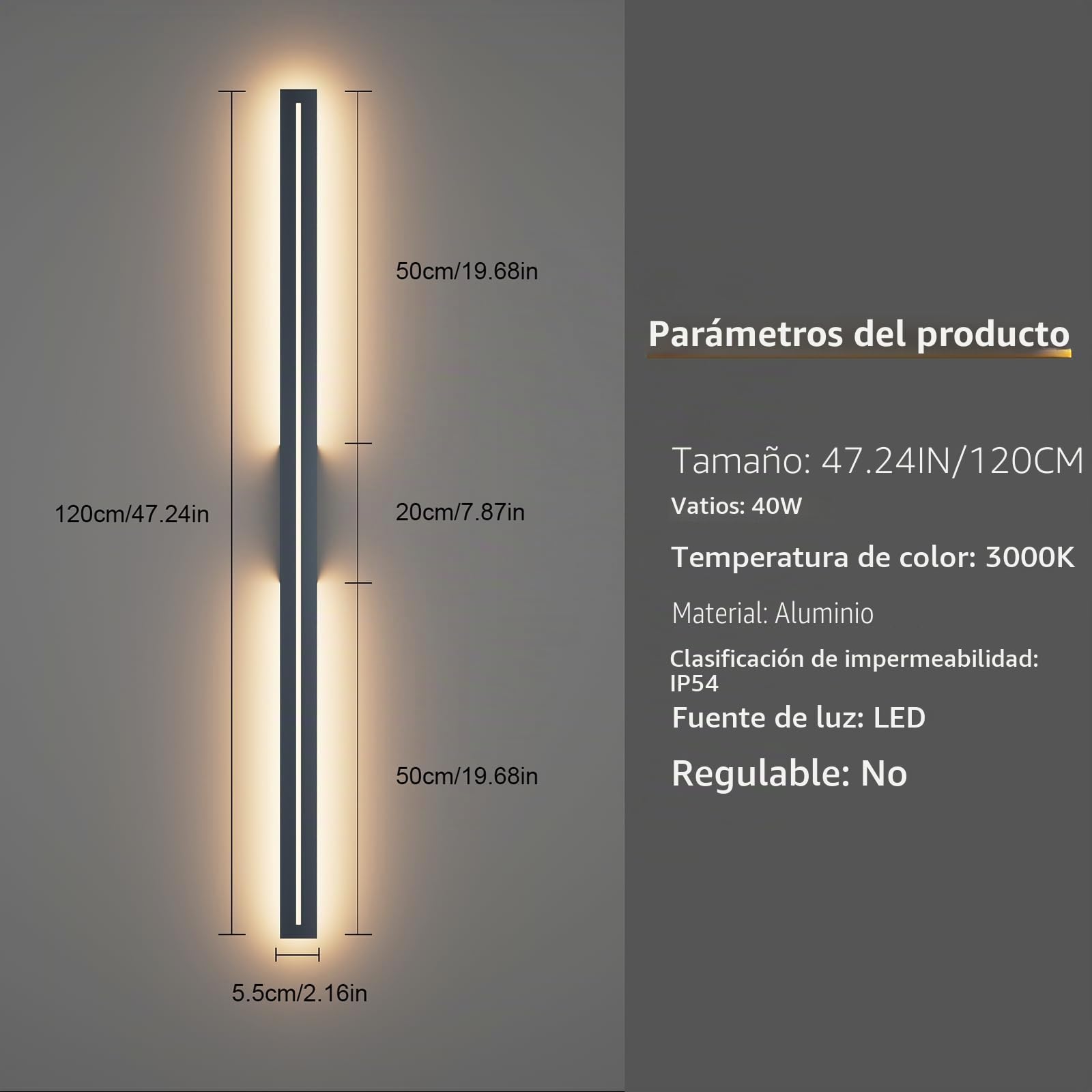 K-Bright Largo Aplique de Pared Exterior/Interior 3000K Blanco Cálido, Lámpara de Pared Exterior IP54 Impermeable para Dormitorio Balcón Patio Jardín (Antracita, 120CM)