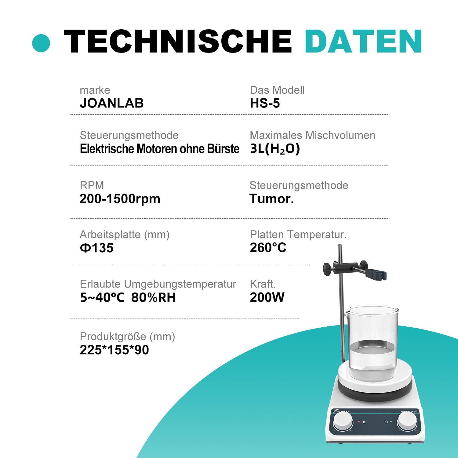 JOANLAB Magnetrührer mit Heizplate, 5 Zoll, 260°C, 200-1500 U/min, 3L Kapazität, Rühr- und Heizfunktion, Drehknopfsteuerung, Edelstahl-Keramik-Platte