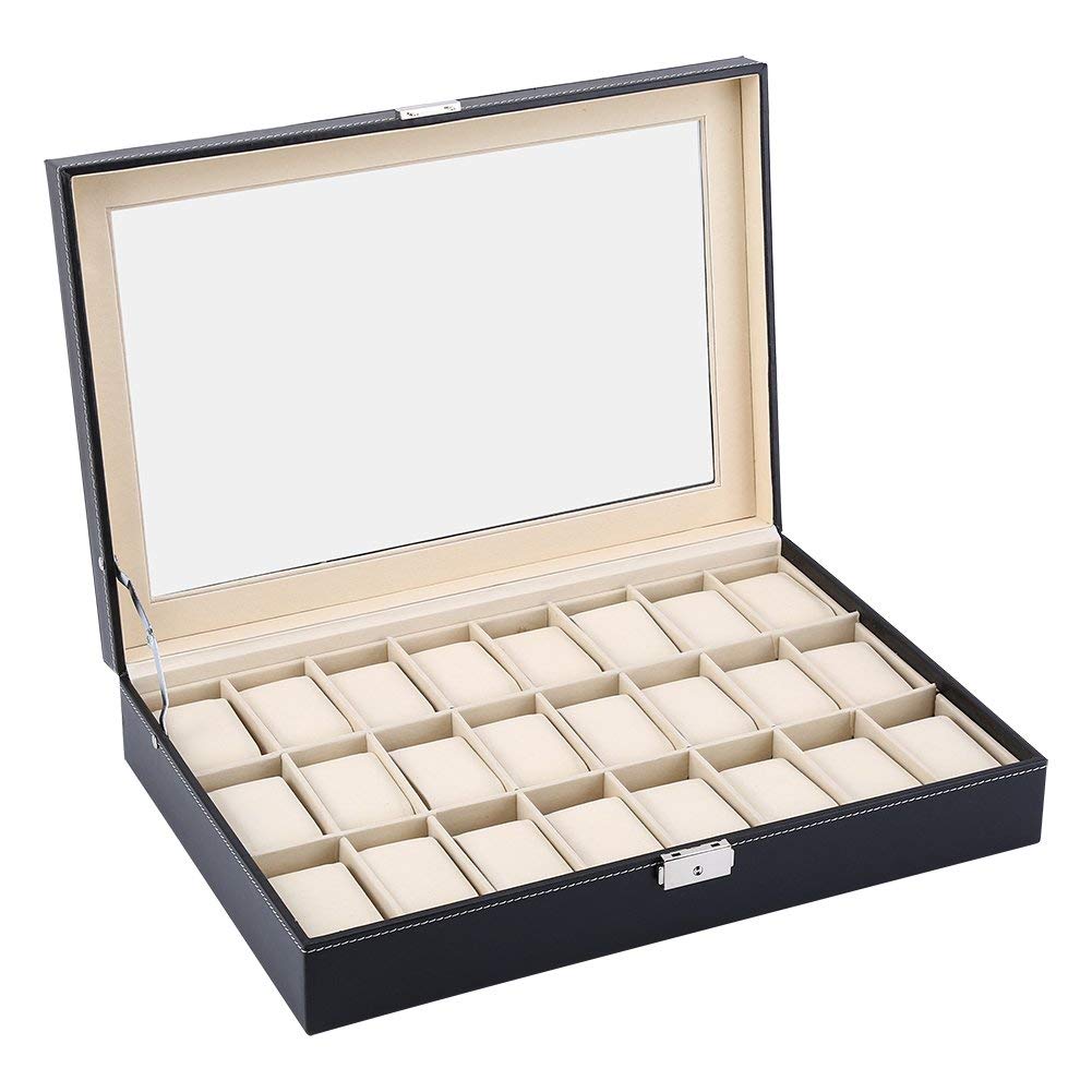Ejoyous Caja para relojes para 24 relojes, caja para relojes, caja para guardar joyas, caja de reloj con cerradura de metal y cojín para reloj, tapa de cristal, 43 x 29 x 8,5 cm