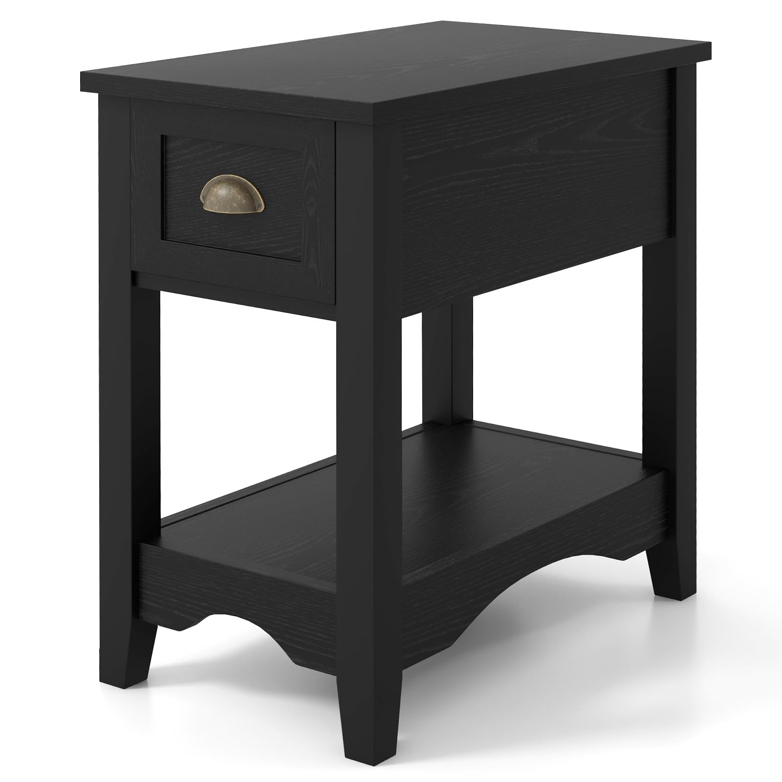 COSTWAY Slim Sofa Side Table, Wooden Nightstand Bedside End Table with Drawer, Storage Shelf & Solid Rubber Wood Legs, Narrow Accent Tea Table for Living Room Bedroom Office, 56x33x59cm (1, Black)