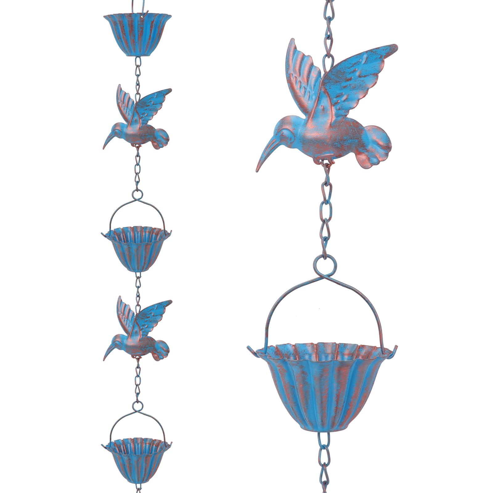 Tefola Chaîne de pluie de 2,4 m avec colibris – Chaîne d'évacuation des eaux pluviales en métal bleu rétro, 7 oiseaux et 7 coupelles pour gouttières, décoration de jardin et de maison