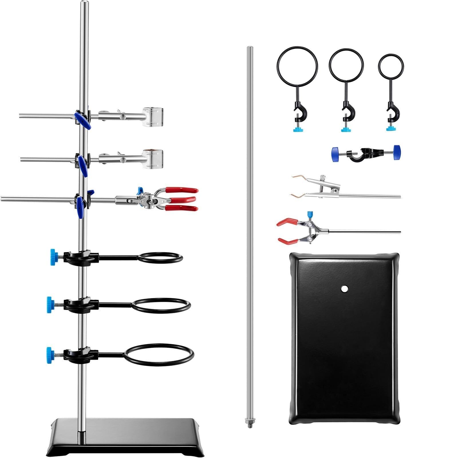 Laborstativ-Set mit 60 cm Stahlstange, gusseiserner Basis, Kolbenklemmen, Bürettenklemme und Kreuzklemmen