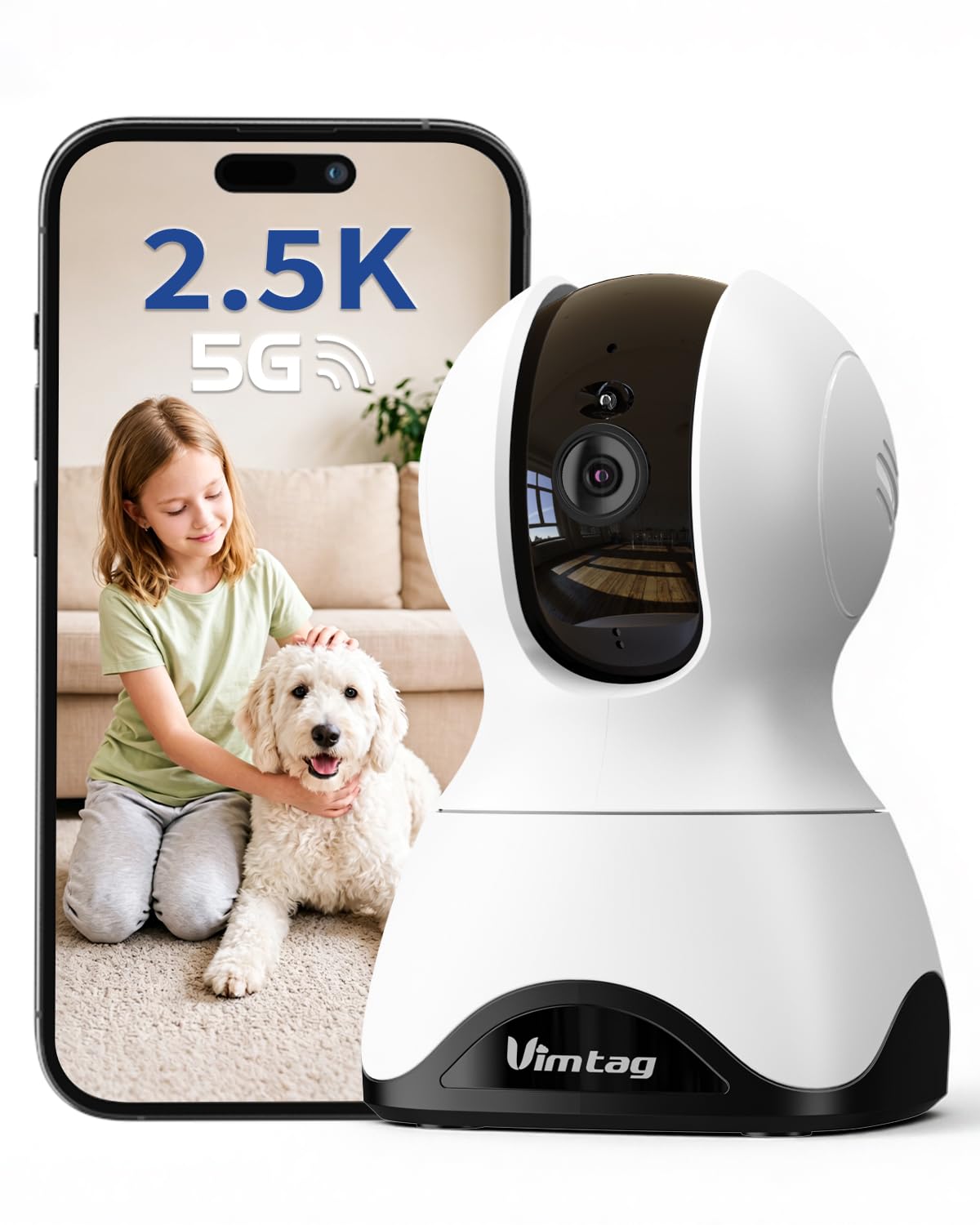VIMTAG 2.5K 4MP Pan/Tilt Pet Camera Indoor with Phone App for Dog/Cat/Baby/Nanny/Home Security, Motion Tracking, Night Vision, 2-Way Audio, AI Detection, 5G/2.4GHz WiFi, Cloud & SD Card, Works w/Alexa 2.5K-1Pack