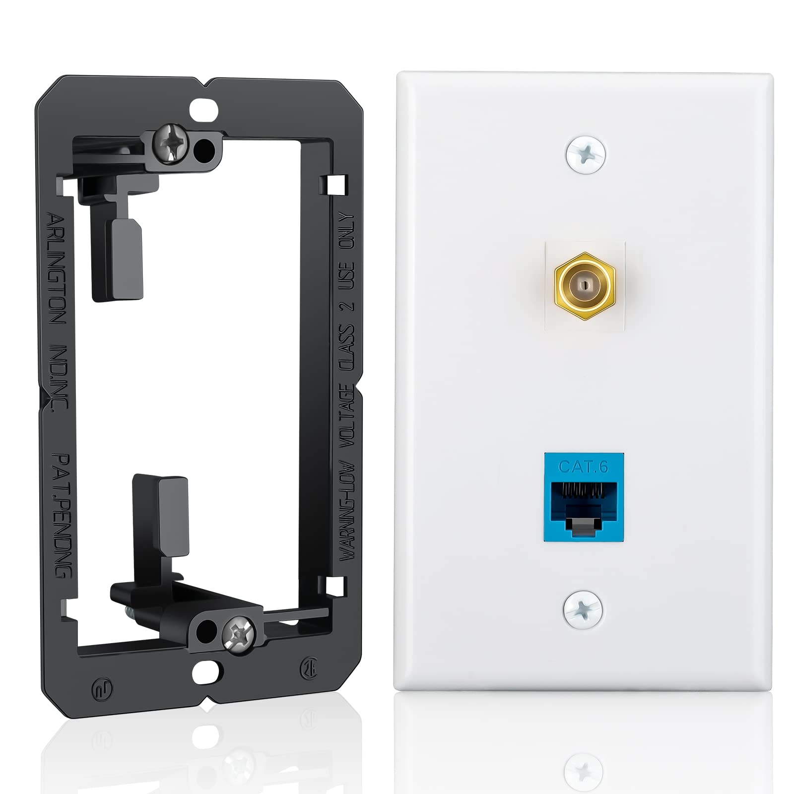 2 Port Ethernet Coax Wall Plate with Single Gang Low Voltage Mounting Bracket, ELECTOP Cat 6 Keystone Port Coupler & RG6 Coax F Type Port RJ45 Female to Female Jack Wall Plate