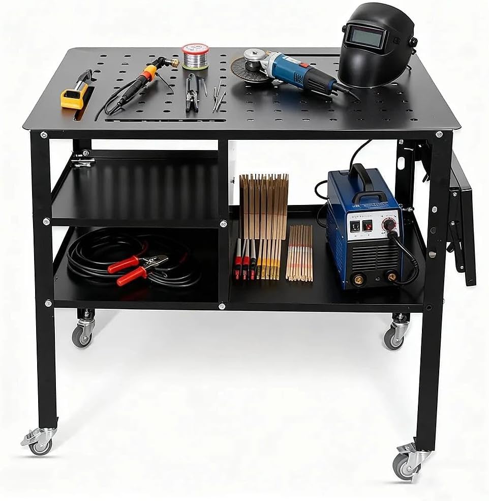 Welding Table Heavy Duty Mobile Steel Workbench with Wheels, Work Station Universal Workbench for Metalworking, Cutting Grinding Welding Projects, Sturdy Support Frame
