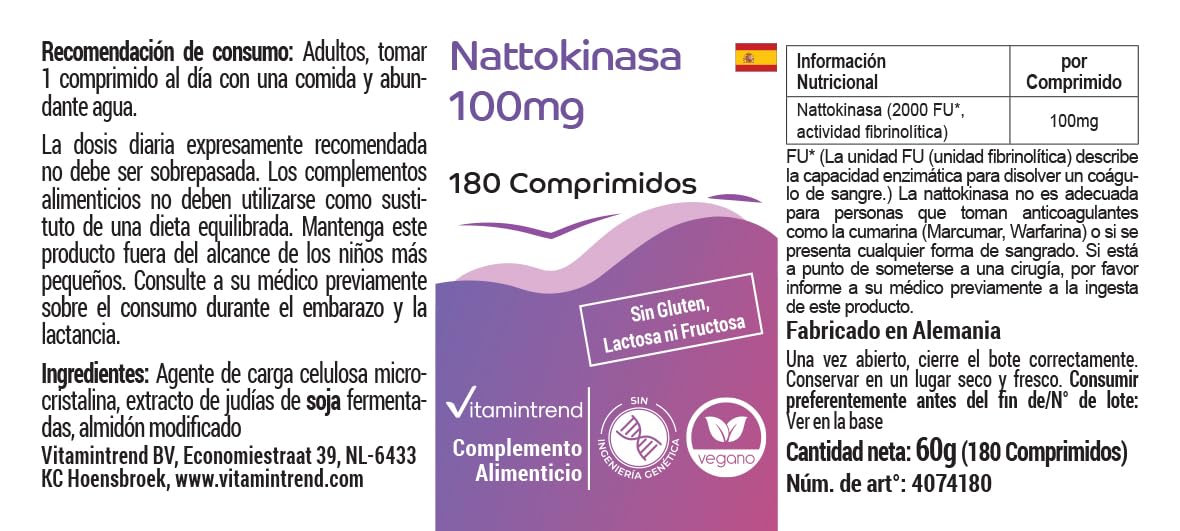Vitamintrend Nattokinase 100mg, 180 tabletek po 100mg (21.800 FU/g), wysoka dawka, wegański, bez stearynianu magnezu, wyprodukowany w Niemczech