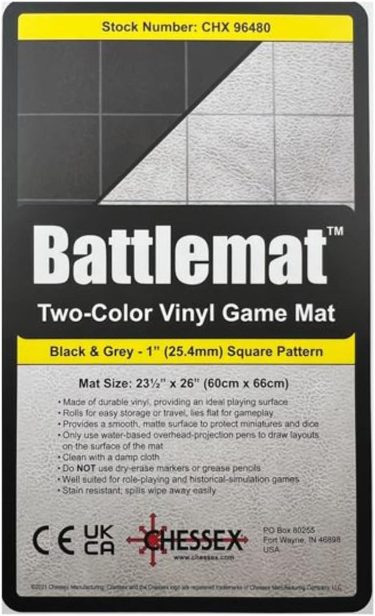 Chessex Play Mat – Mat: 1” Sq 2 Sided Black/Grey Battle mat Two Colour Playmat – Smooth & Tough – Compatible with Tabletop RPGs – Accessories for Game Night