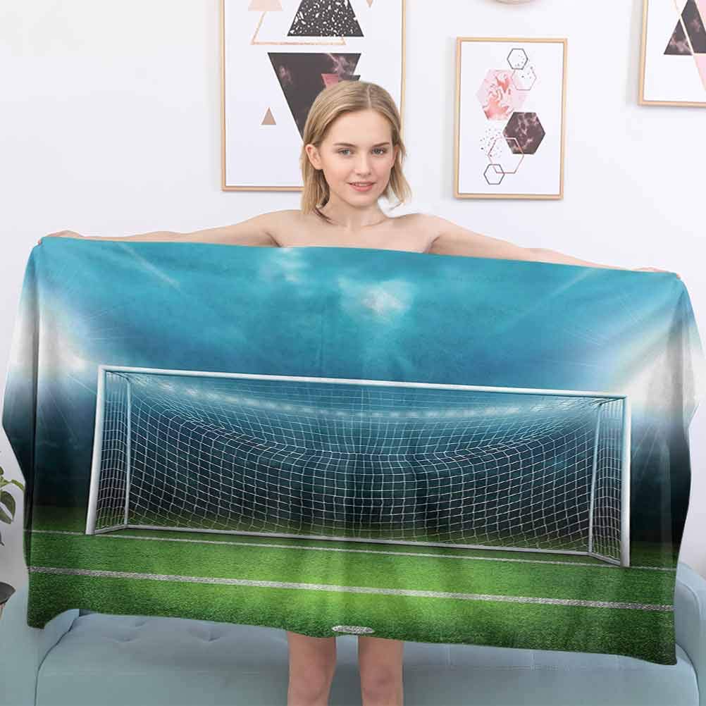 Interesting Bath Towel - Soccer,Soccer Goal Post Sports Area Winner Loser Line Floodlit Best Team Finals Game Theme,Green Blue，Soft and Thick Towel-Machine Washable