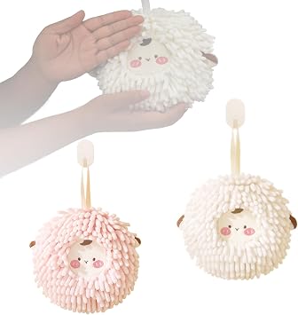 2Pcs Fuzzy Ball Hand Towel, Cute Chenille Hand Towel | Soft Absorbent Hanging Towel Ball, Decorative Fasting Drying Hand Towels Set for Kitchen Bathroom Kids Adults Pink, White
