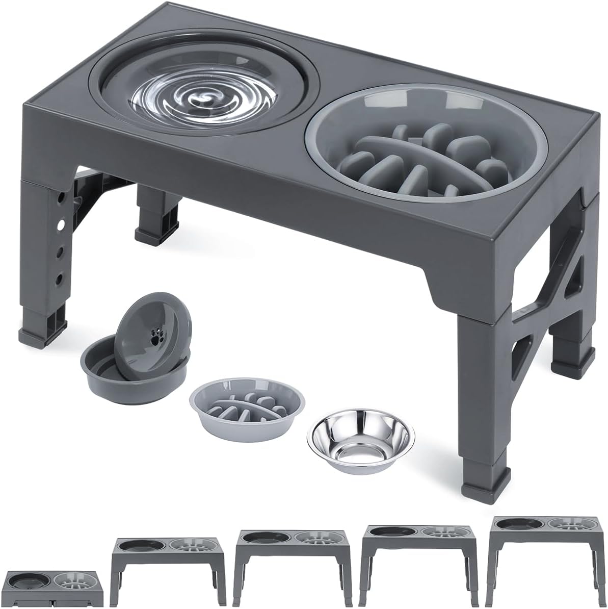 Elevated Dog & Cat Bowls - 5 Height Adjustable, Slow Feeder & Non-Slip, Deep Grey