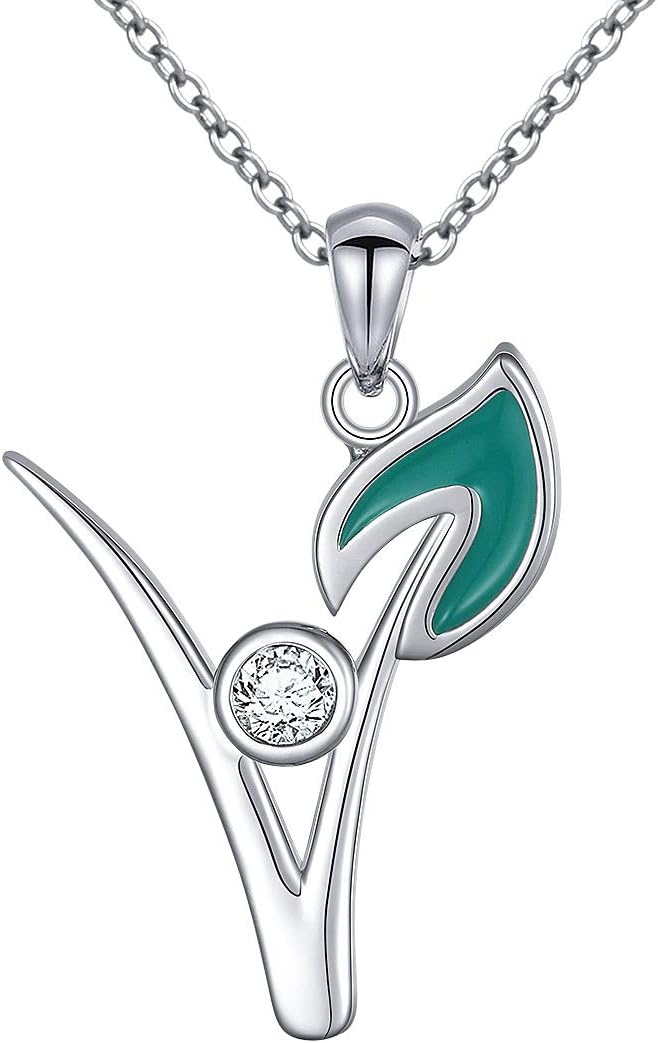 S925 Sterling Silver Vegan Necklace Cubic zirconia Green Symbol Necklace for Vegetarian Women,18 inches