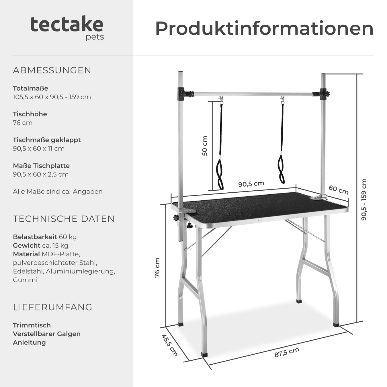 tectake® Haustier Trimmtisch, Frisiertisch Hund und Katze, Pflegetisch, Hundefriseur Zubehör, Dog Grooming, mit Galgen, Groomer Tisch klappbar, Schertisch Hund gummiert und Kratzfest