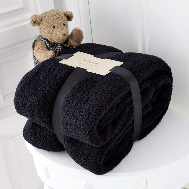 RayyanLinen Teddy Fleece Throw Blanket Warm Soft Luxury Cuddly Sofa Bedspread Travel Throw (Black, King/Large - 200 X 240cm)