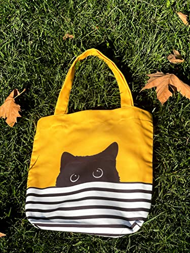 Cute Canvas Tote Bag - Cat Gifts For Women - Black Cat Gifts For Cat Lovers - Cat Mom Gifts - Birthday Bags For Cat Lover Gifts - Reusable Cat Tote Bag - Large Book Tote Bag (Yellow Cat) #TOP7