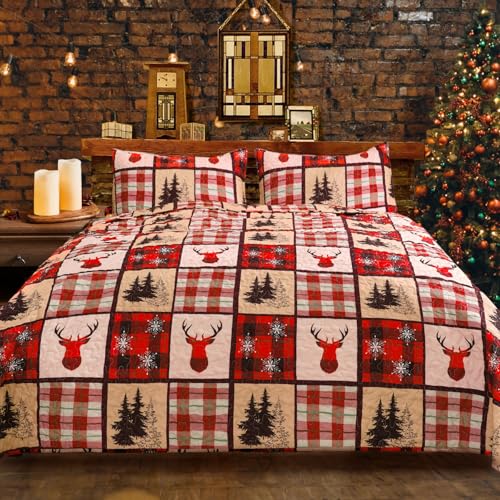ROMROL Christmas Quilt Set Queen Size, Red Christmas Bedding Comforter Set Lightweight Patchwork Elks Quilted Coverlet Bedspread with 2 Pillow Shams(96 * 90”)