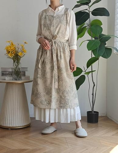 Miniatura 4 de Delantal de cocina floral de algodón impermeable para mujer, delantal ajustable con bolsillos, estilo vintage para cocinar y hornear